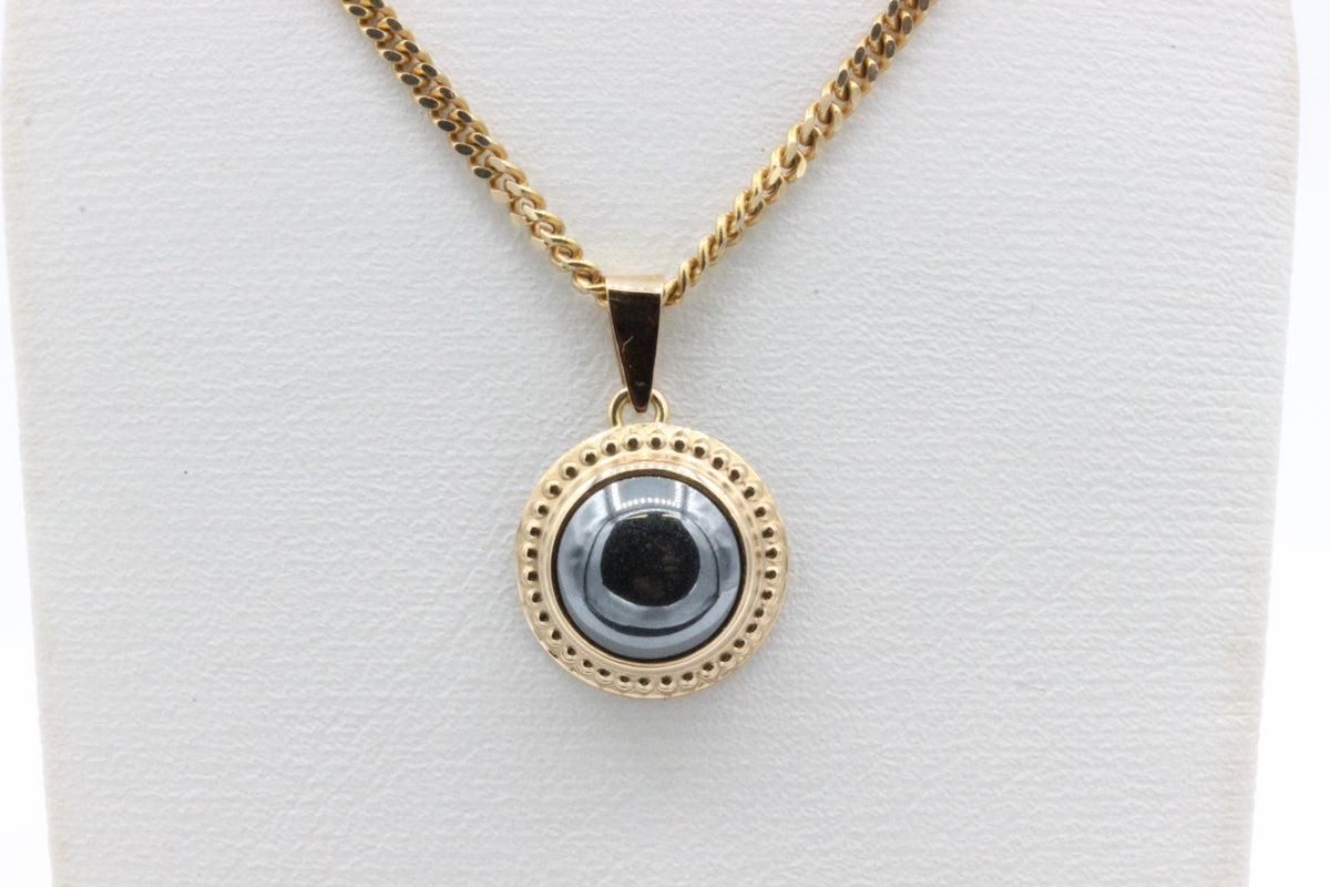 14K Gold Round Hematite Pendant