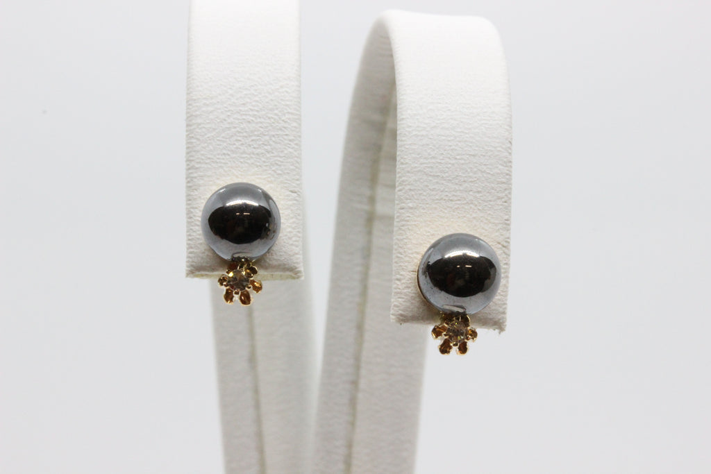 14K Gold Black Pearl & Diamond Stud Earrings