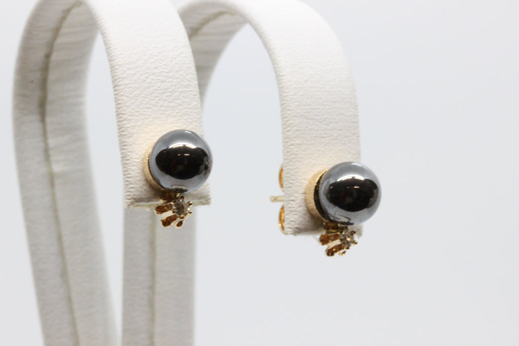 14K Gold Black Pearl & Diamond Stud Earrings