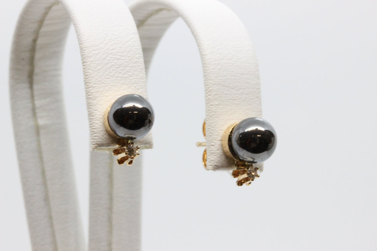 14K Gold Black Pearl & Diamond Stud Earrings
