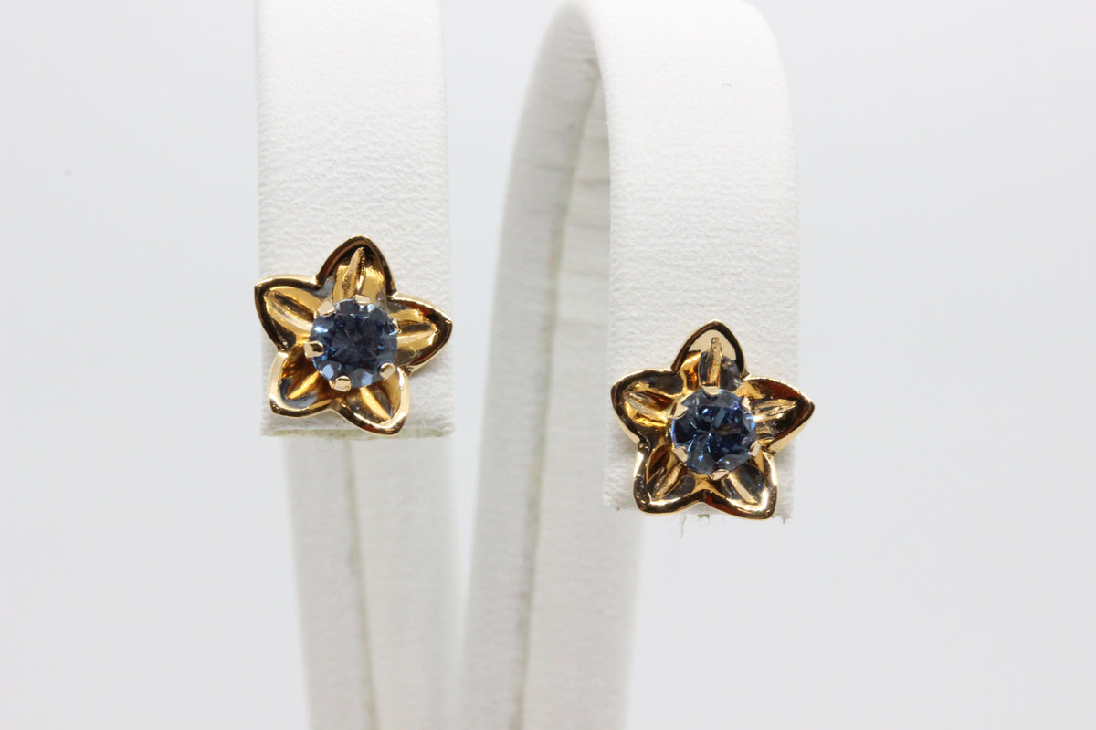 14K Gold Blue Stone Flower Stud Earrings
