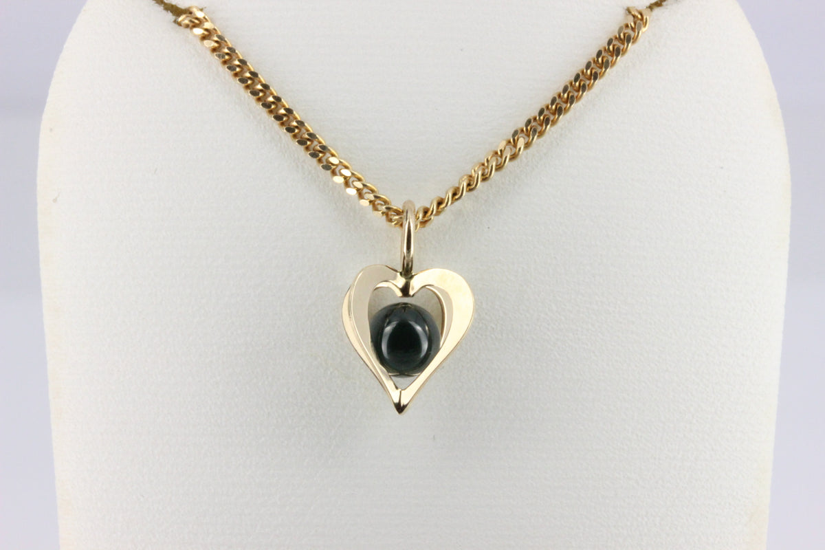 14K Gold Heart Pendant with Dark Stone