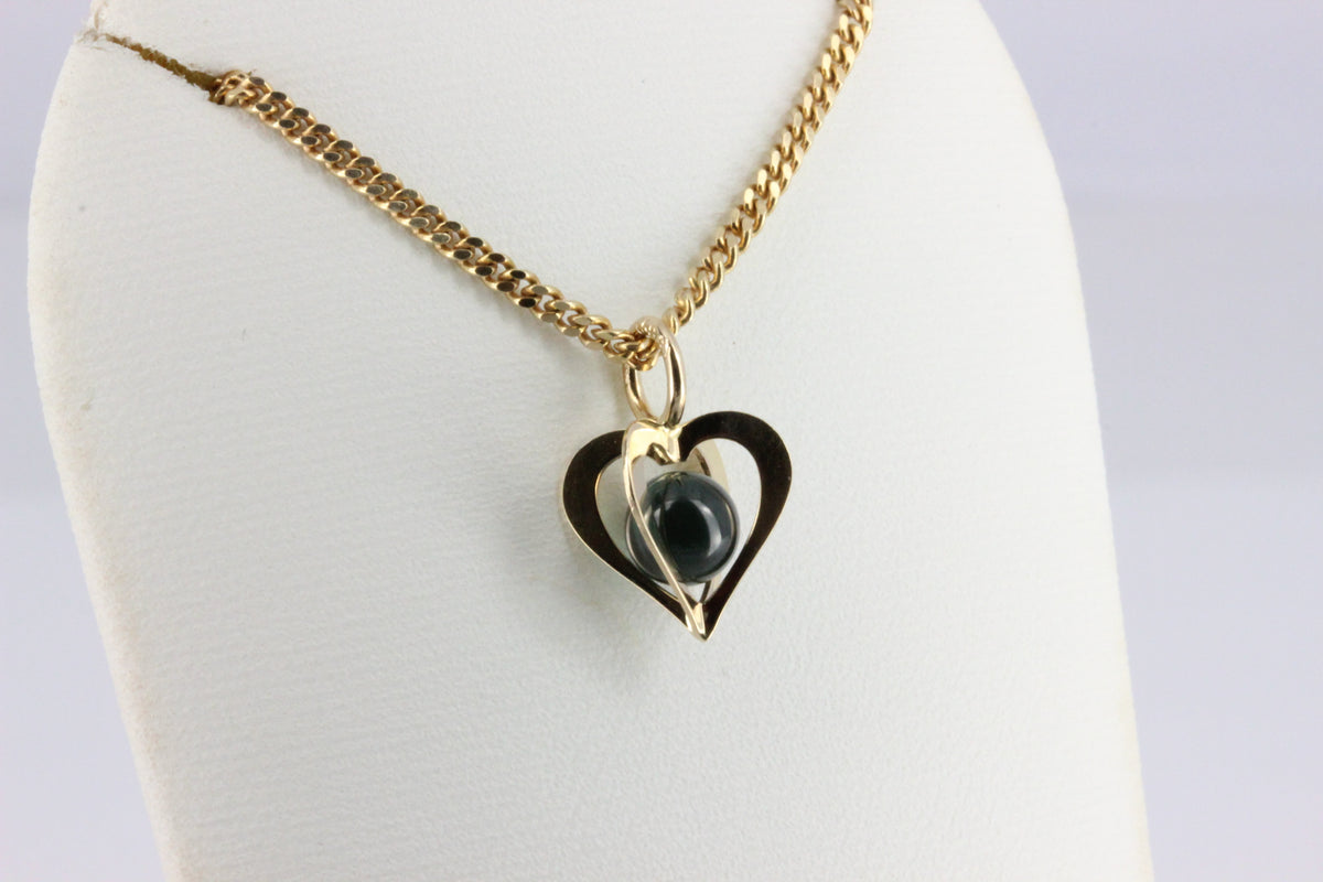 14K Gold Heart Pendant with Dark Stone