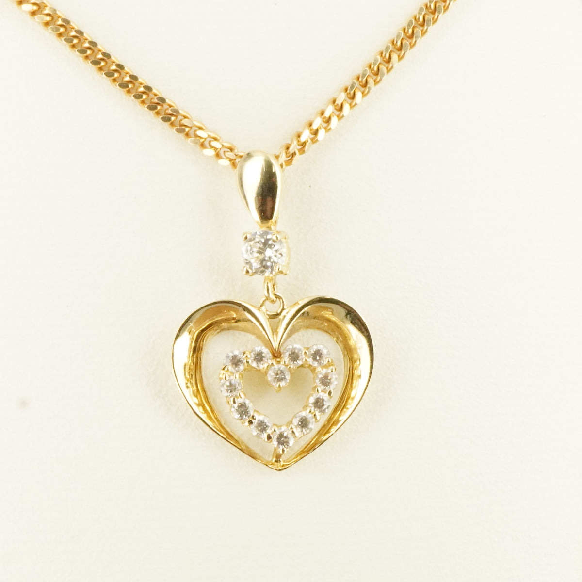14K Gold Double Heart Pendant with Clear Stones