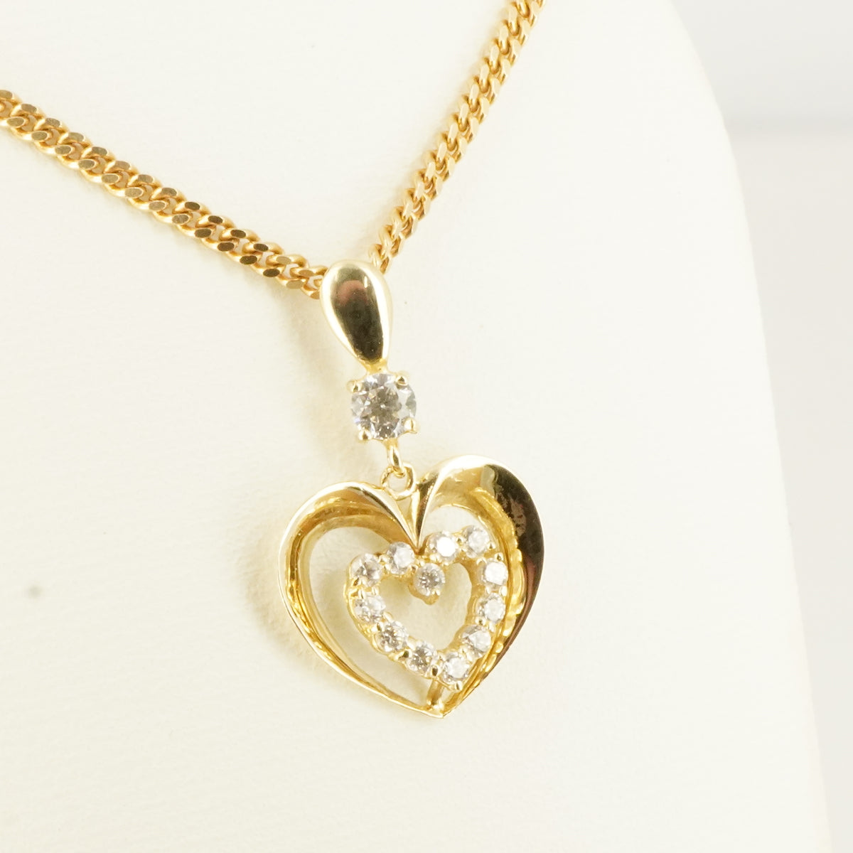 14K Gold Double Heart Pendant with Clear Stones
