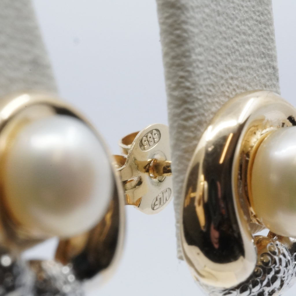 14K Gold Pearl Two-Tone Stud Earrings