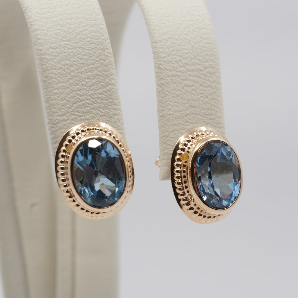14K Gold Oval Blue Stone Stud Earrings