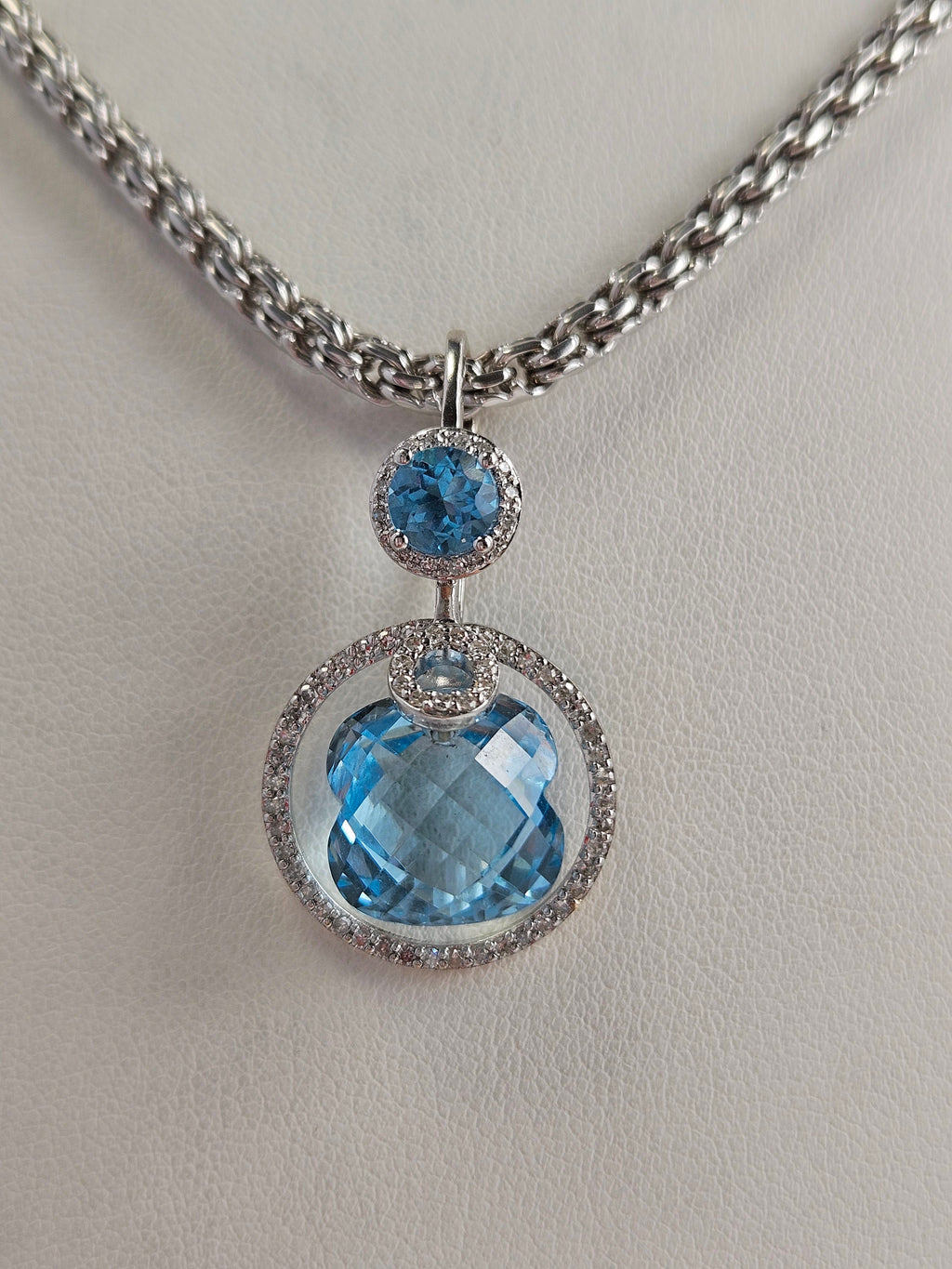 14K White Gold Blue Topaz & 71 Diamond Pendant