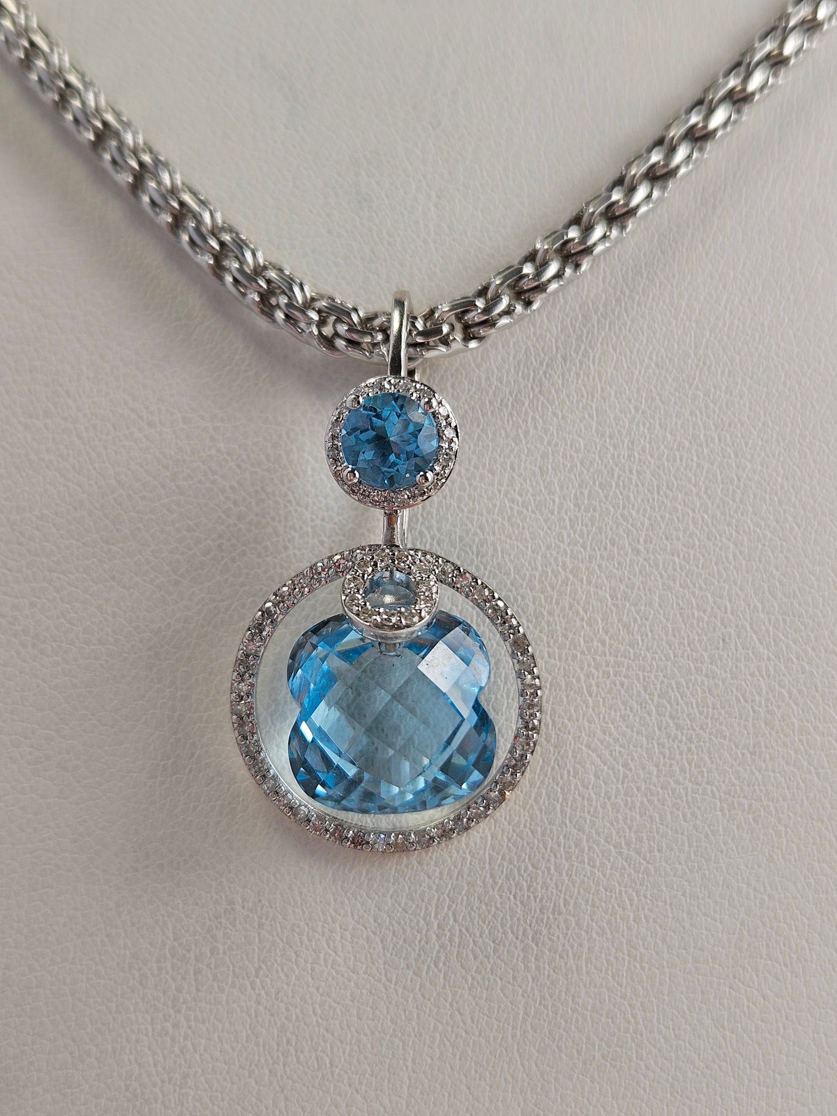 14K White Gold Blue Topaz & 71 Diamond Pendant