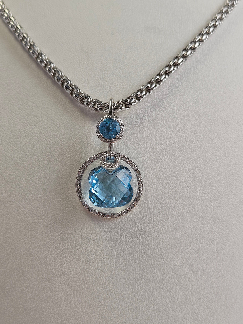14K White Gold Blue Topaz & 71 Diamond Pendant