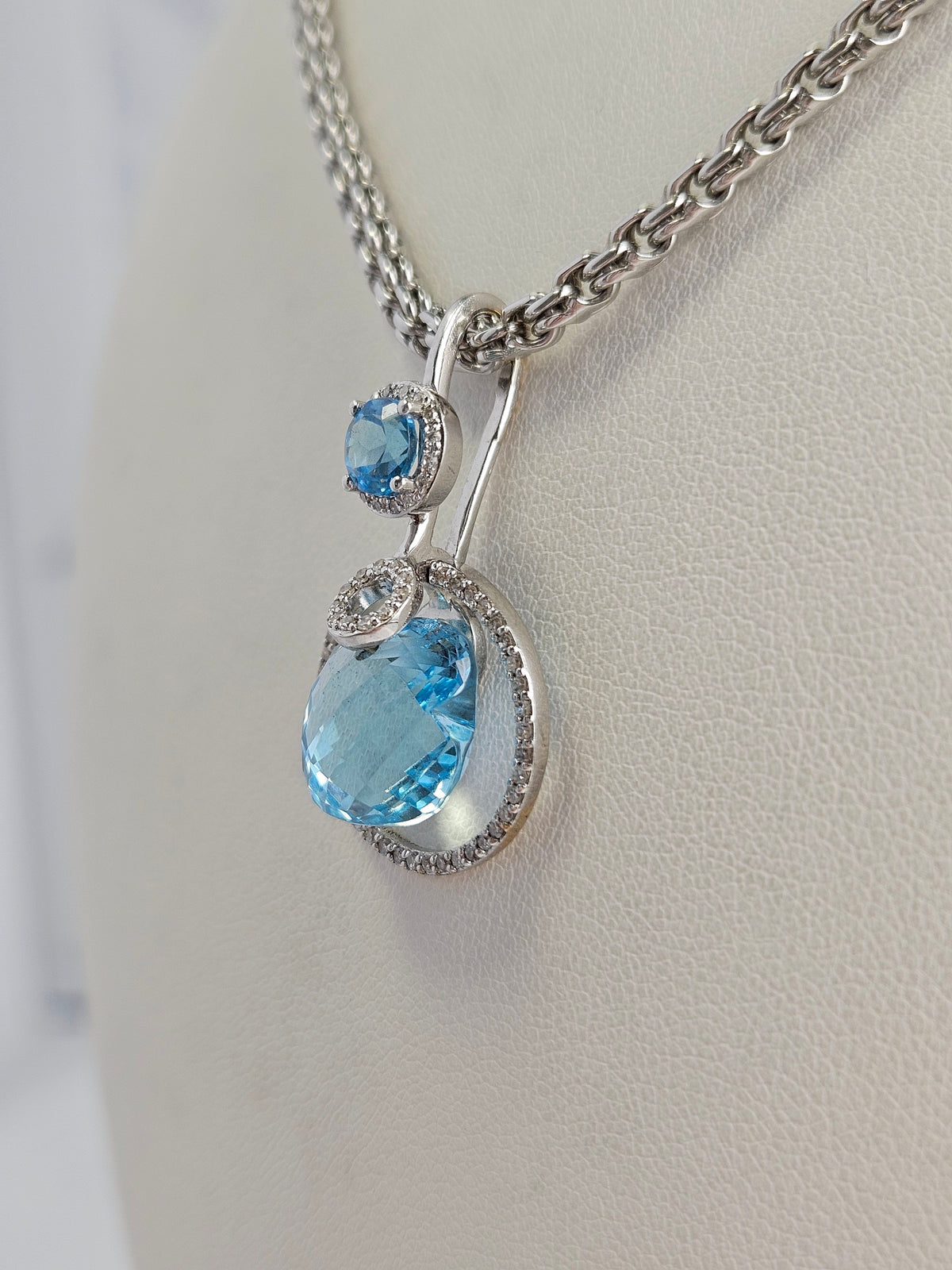 14K White Gold Blue Topaz & 71 Diamond Pendant