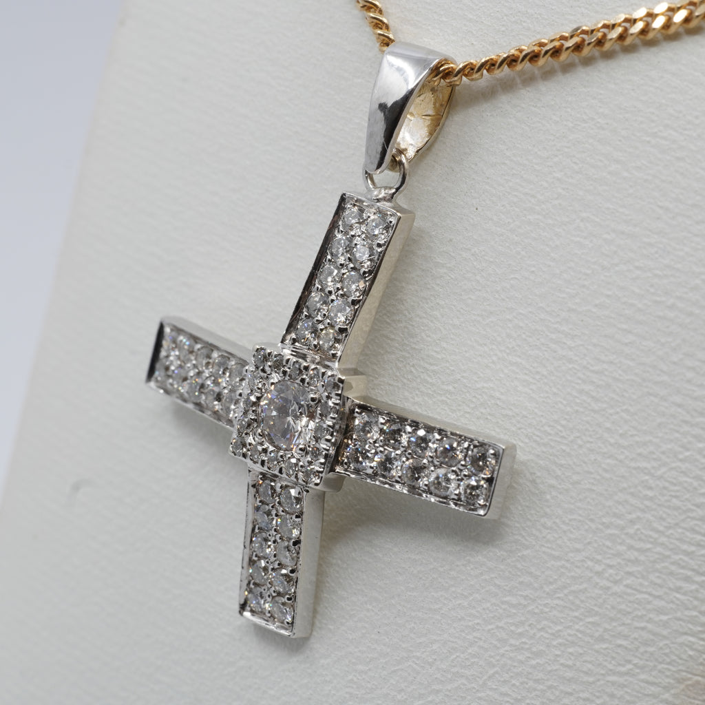 14K White Gold Diamond Cross Pendant- 57 Diamonds