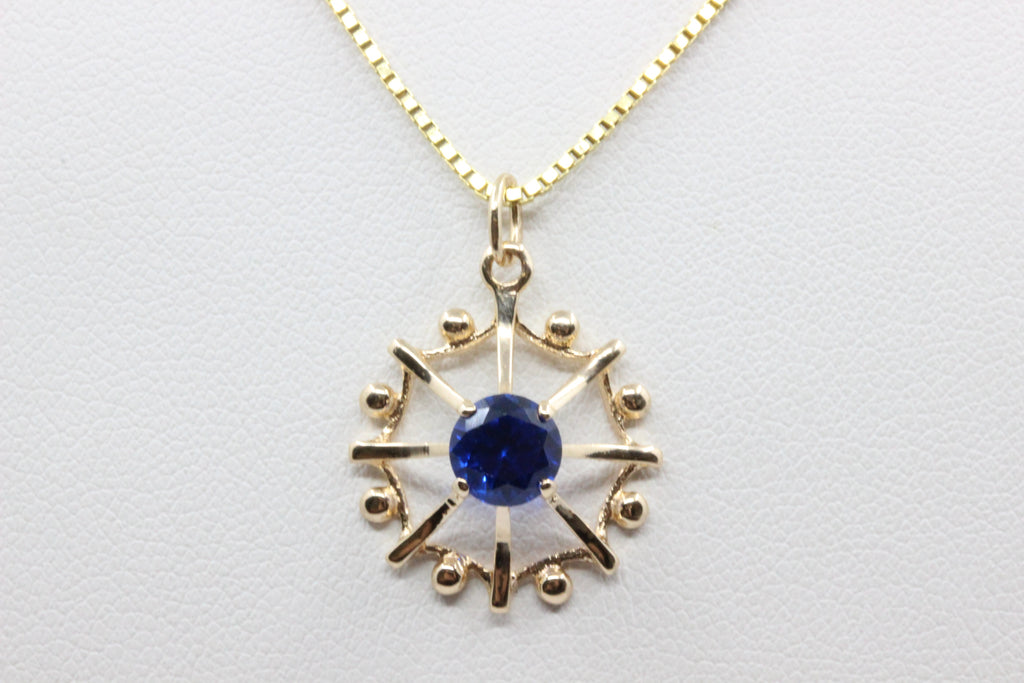 14K Gold Blue Stone Floral Pendant