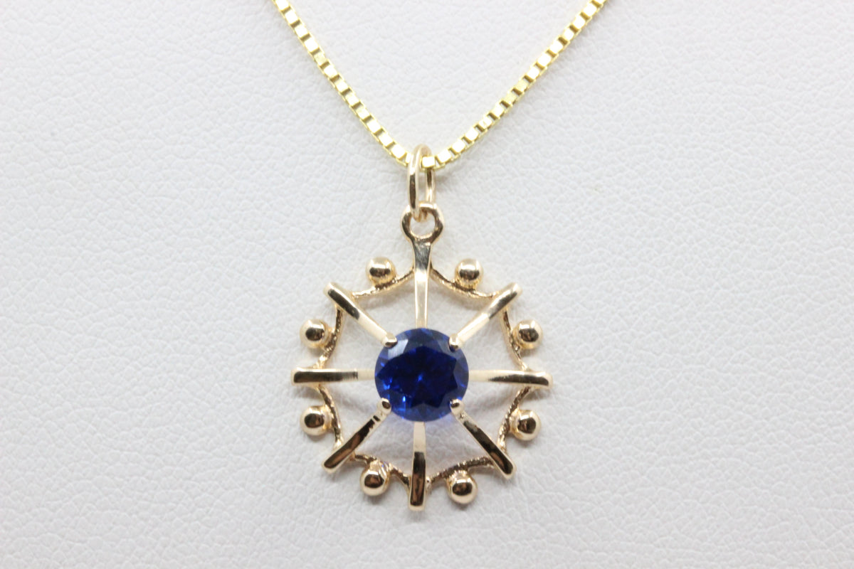14K Gold Blue Stone Floral Pendant