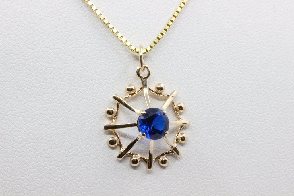 14K Gold Blue Stone Floral Pendant