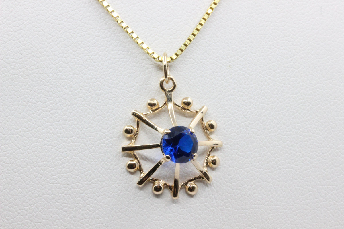 14K Gold Blue Stone Floral Pendant