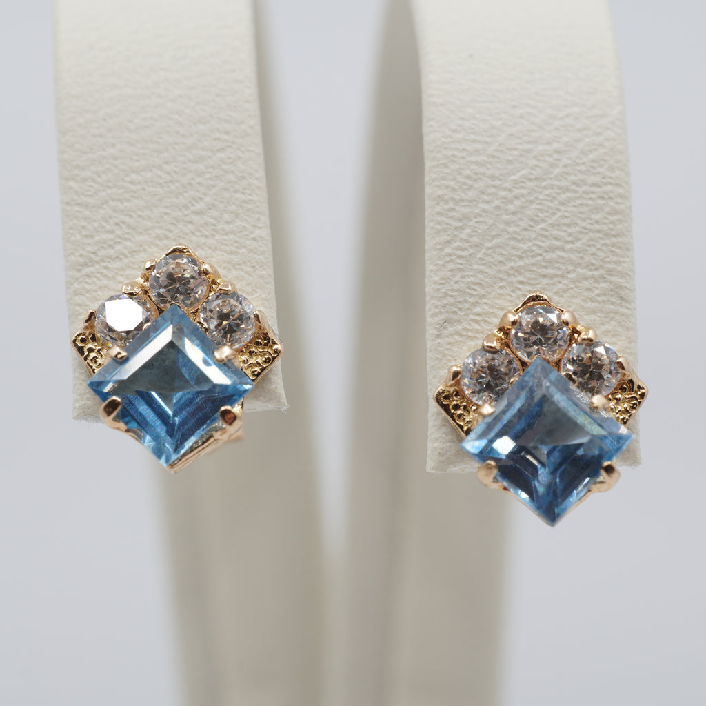 14K Gold Blue Clear Stone Stud Earrings