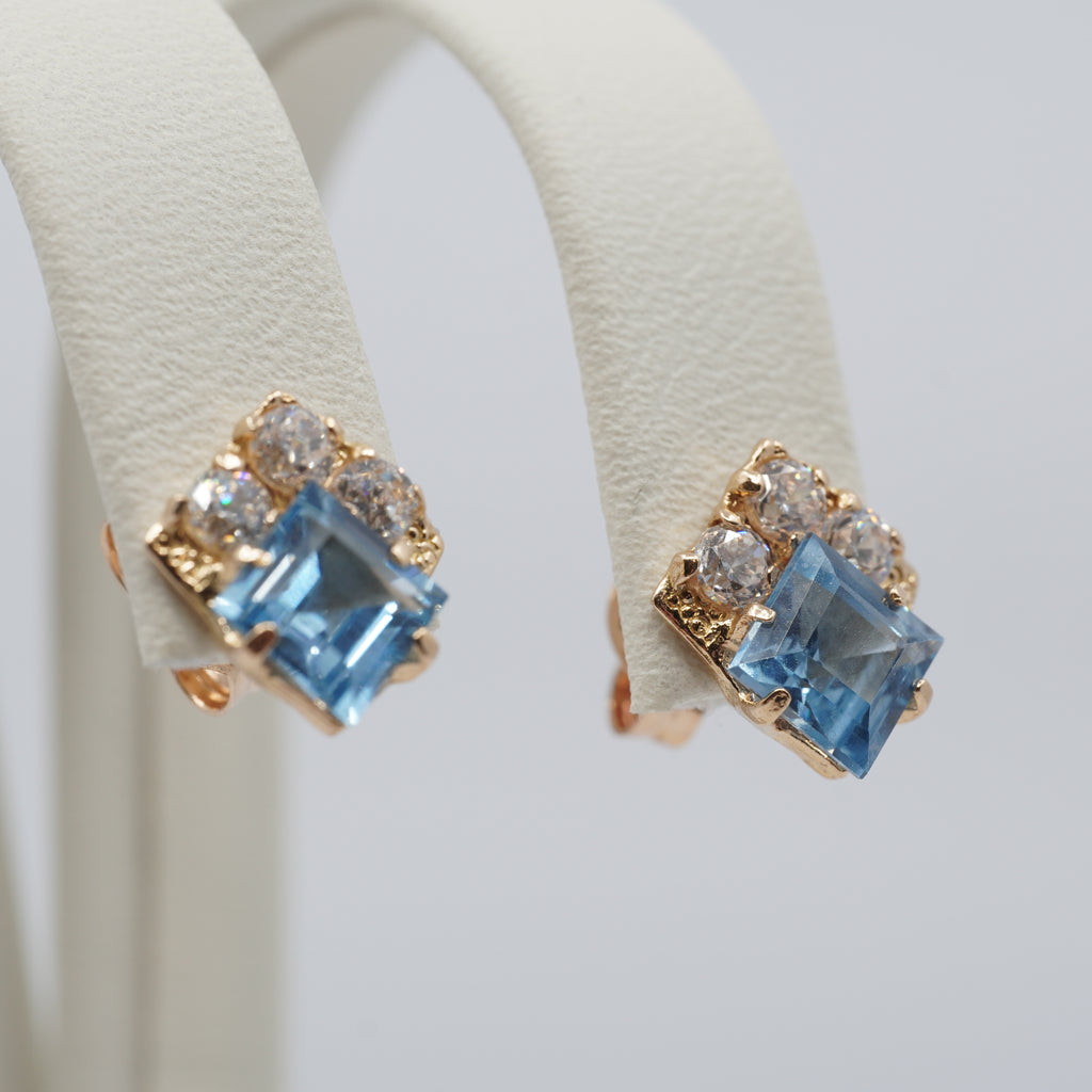 14K Gold Blue Clear Stone Stud Earrings