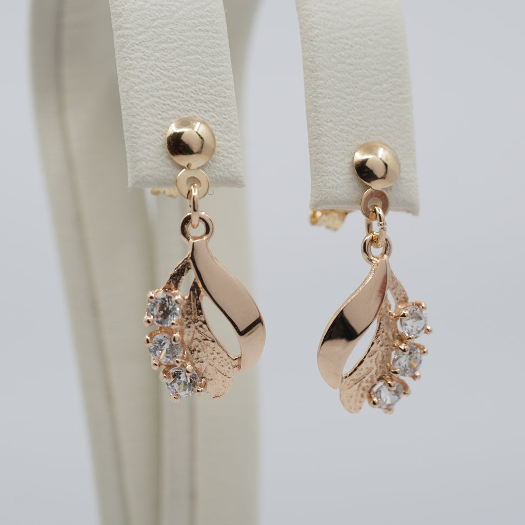 14K Gold Sculptural Clear Stone Drop Earrings