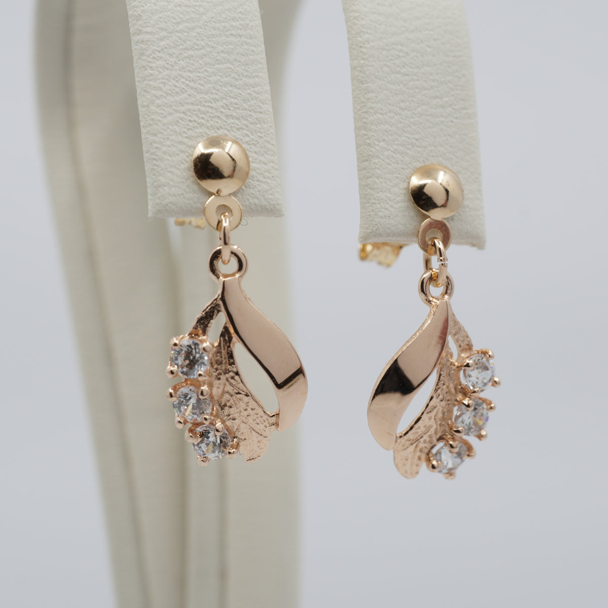 14K Gold Sculptural Clear Stone Drop Earrings