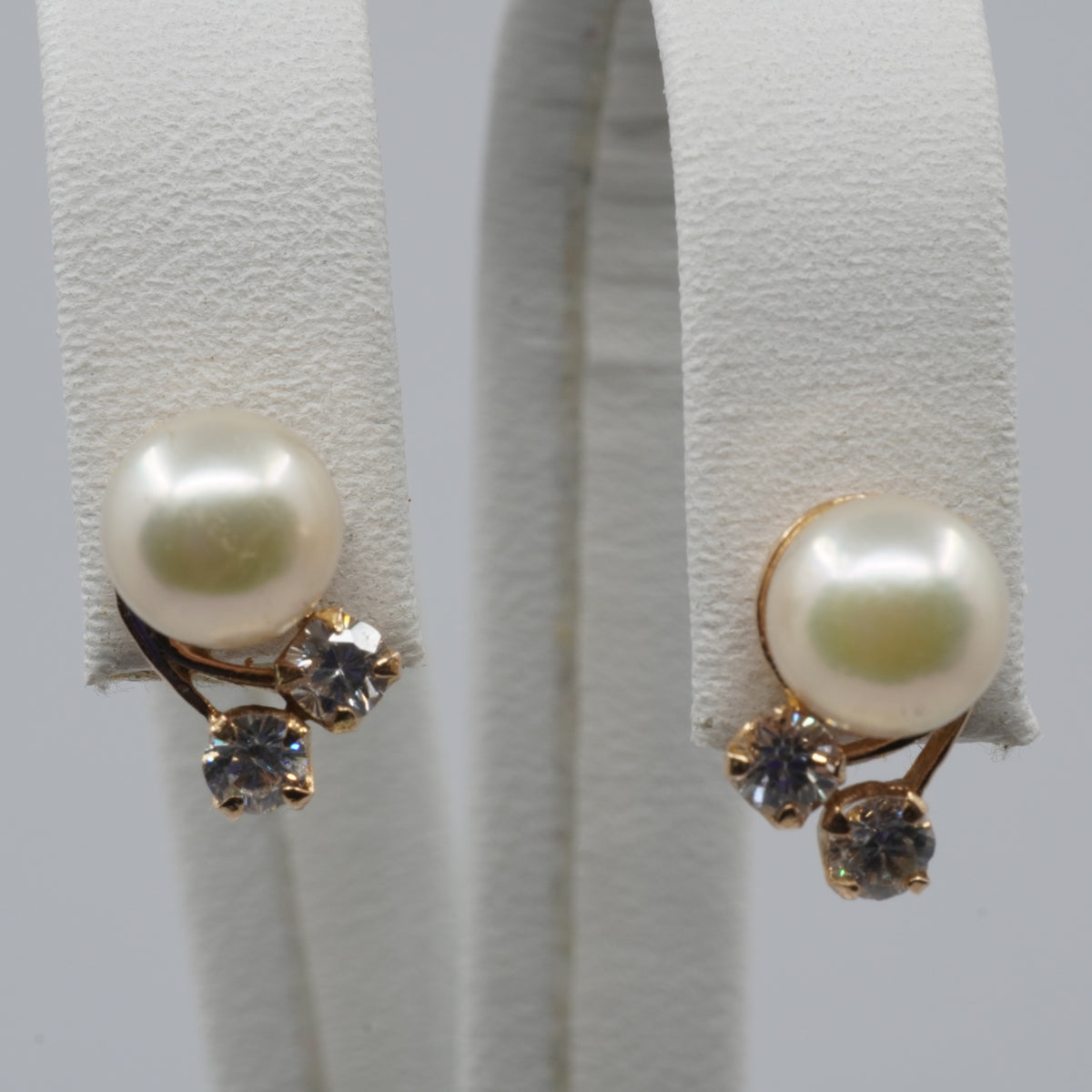 14K Gold Pearl & Clear Stone Stud Earrings