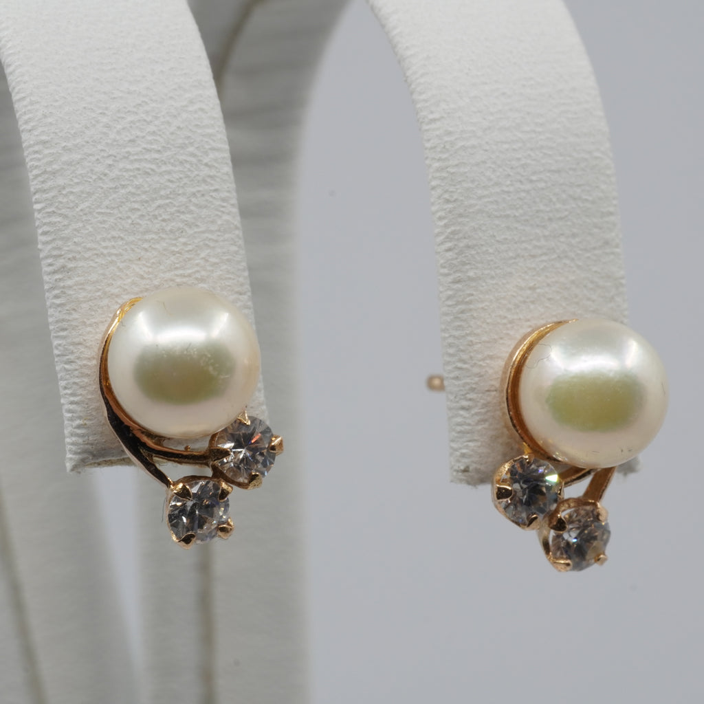 14K Gold Pearl & Clear Stone Stud Earrings