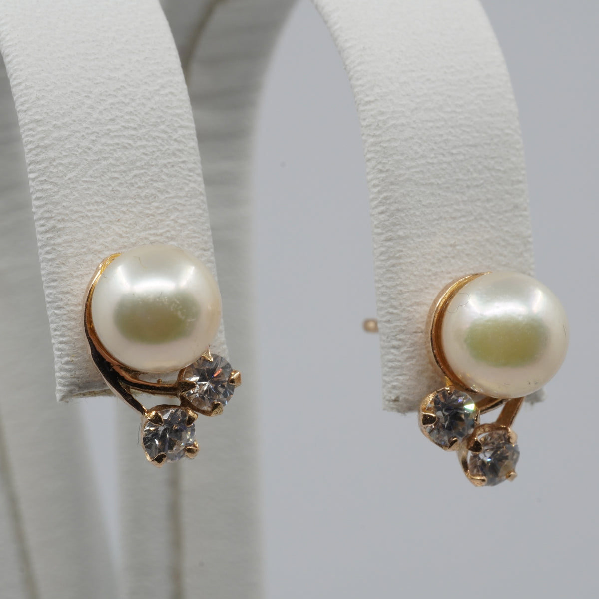 14K Gold Pearl & Clear Stone Stud Earrings