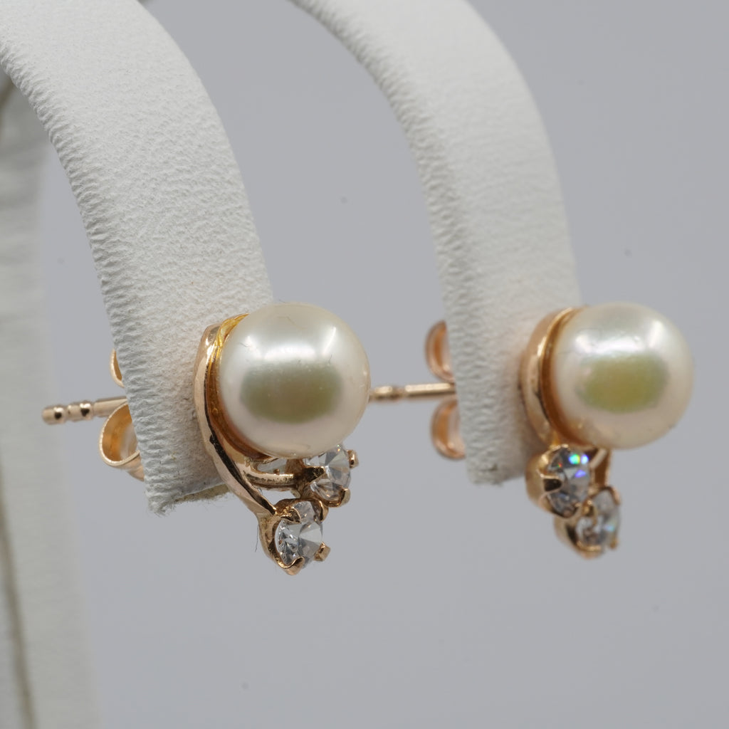 14K Gold Pearl & Clear Stone Stud Earrings