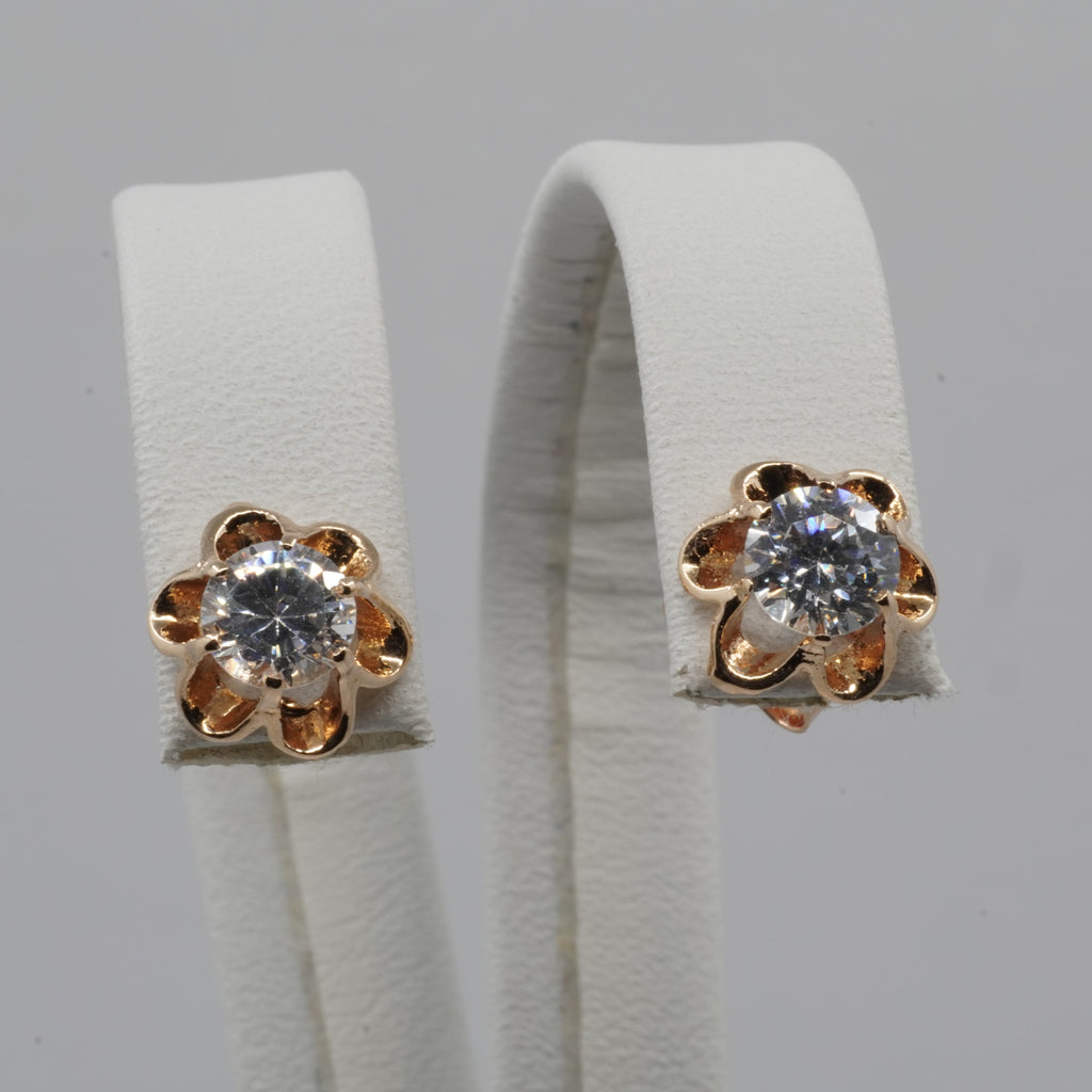 14K Gold Zircon Flower Stud Earrings
