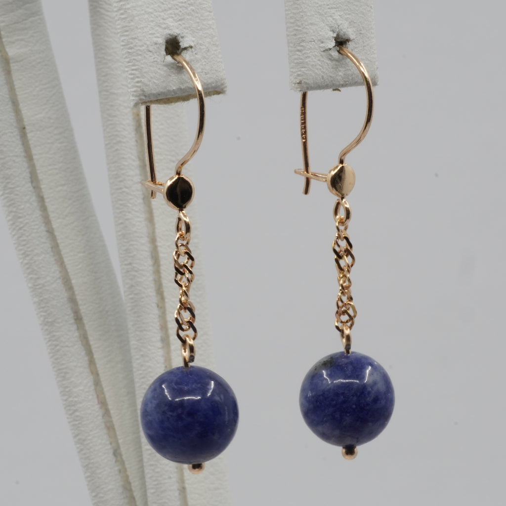 14K Gold Blue Bead Drop Earrings