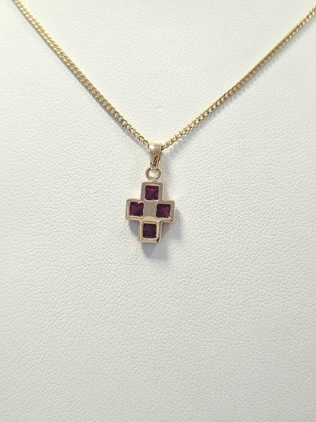 14K Gold Red Stone Cross Pendant