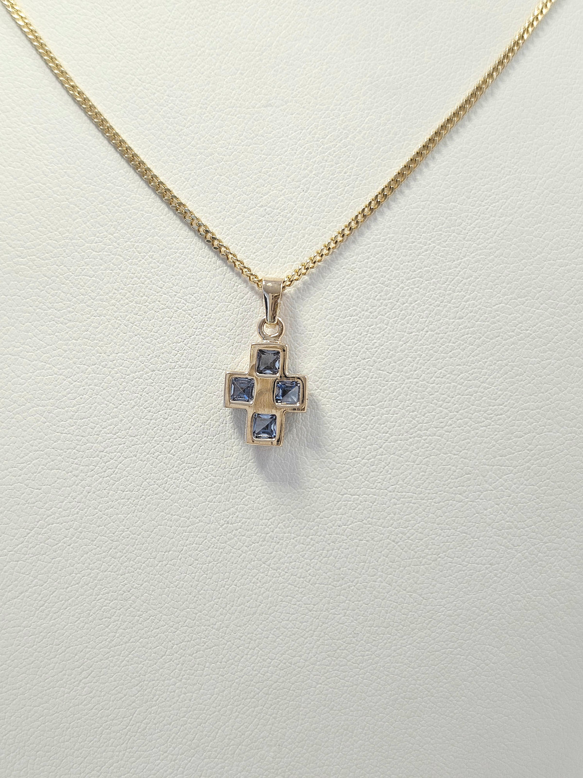 14K Gold Blue Stone Cross Pendant
