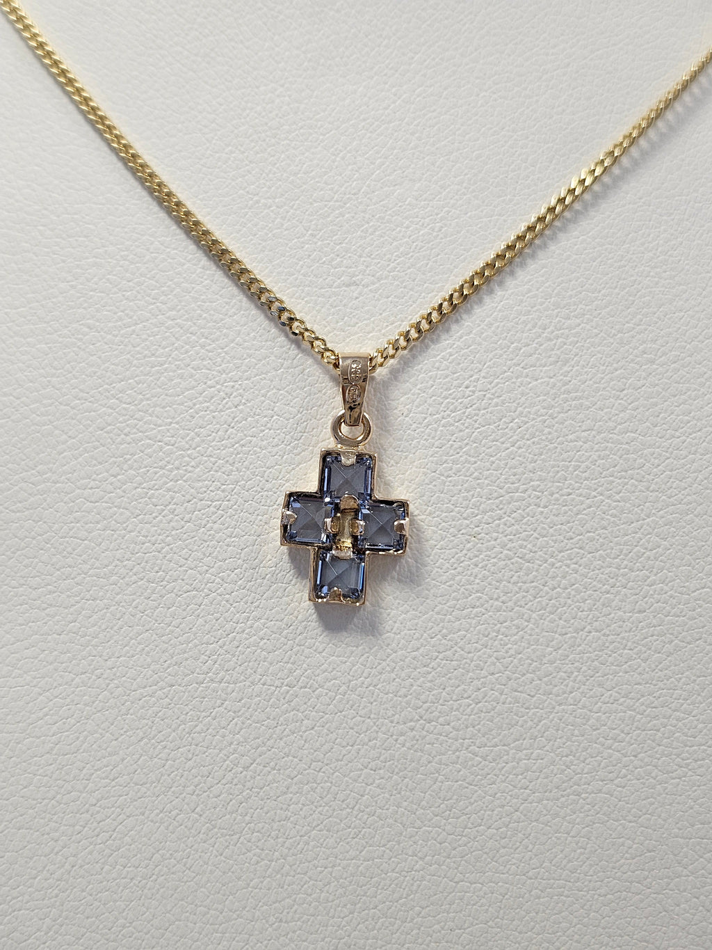 14K Gold Blue Stone Cross Pendant