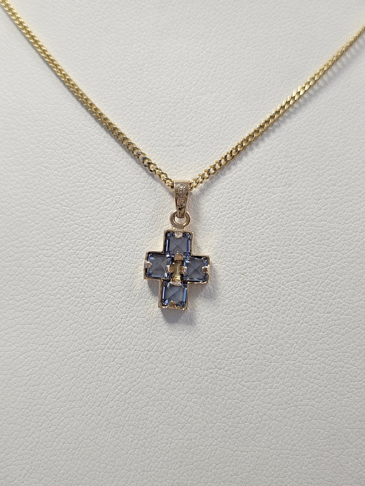 14K Gold Blue Stone Cross Pendant