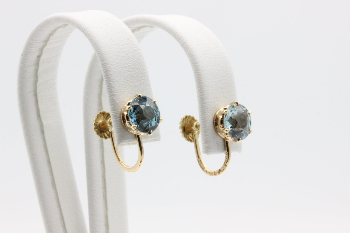 14K Gold Blue Stone Screw-Back Earrings